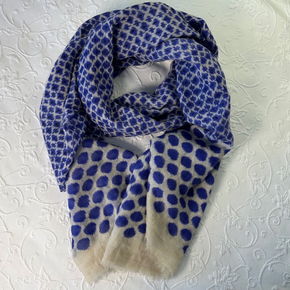 Roberta Freymann Blue White Ikat Polka Dot Gauze Scarf Eyelash‎ Fringe 77x41